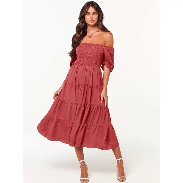 imageANRABESS Womens Casual Summer Midi Dress Puffy Short Sleeve Square Neck Smocked Tiered Boho DressesRed