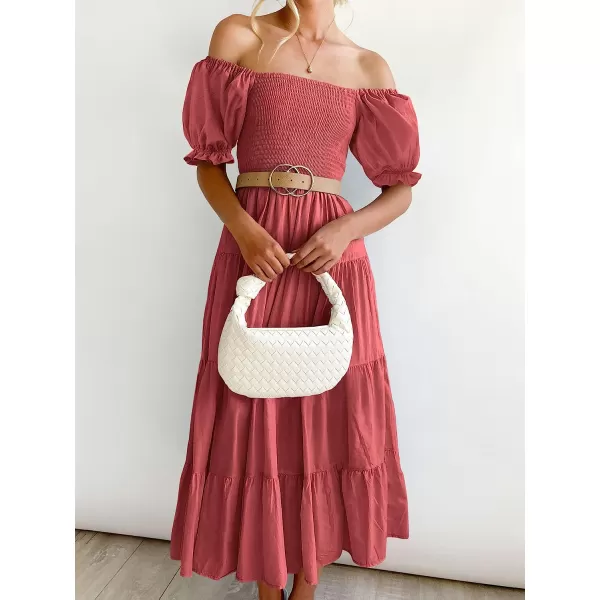 imageANRABESS Womens Casual Summer Midi Dress Puffy Short Sleeve Square Neck Smocked Tiered Boho DressesRed