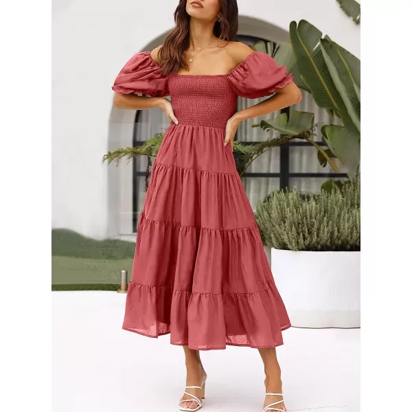 imageANRABESS Womens Casual Summer Midi Dress Puffy Short Sleeve Square Neck Smocked Tiered Boho DressesRed