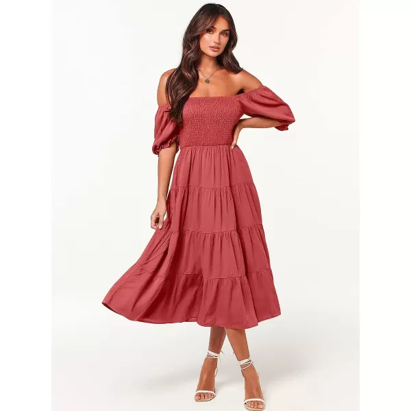 imageANRABESS Womens Casual Summer Midi Dress Puffy Short Sleeve Square Neck Smocked Tiered Boho DressesRed