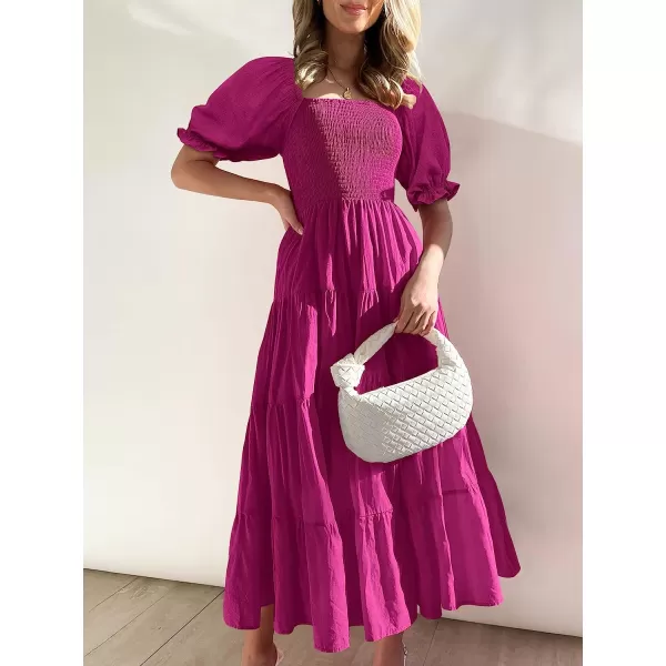 imageANRABESS Womens Casual Summer Midi Dress Puffy Short Sleeve Square Neck Smocked Tiered Boho DressesRose