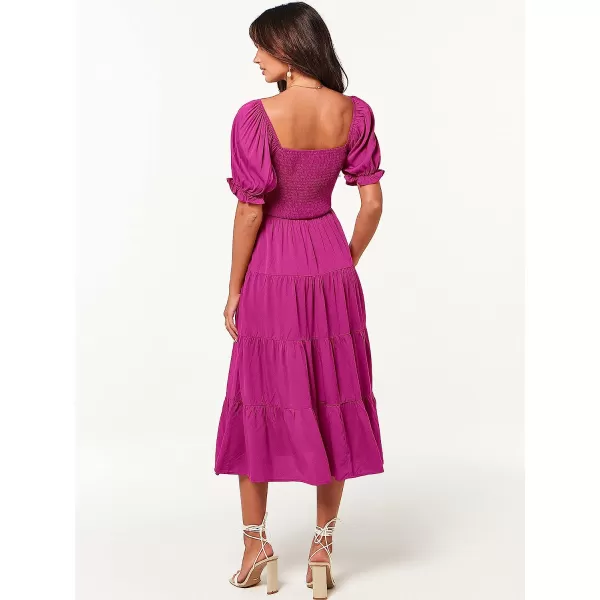 imageANRABESS Womens Casual Summer Midi Dress Puffy Short Sleeve Square Neck Smocked Tiered Boho DressesRose