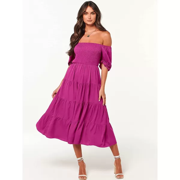 imageANRABESS Womens Casual Summer Midi Dress Puffy Short Sleeve Square Neck Smocked Tiered Boho DressesRose