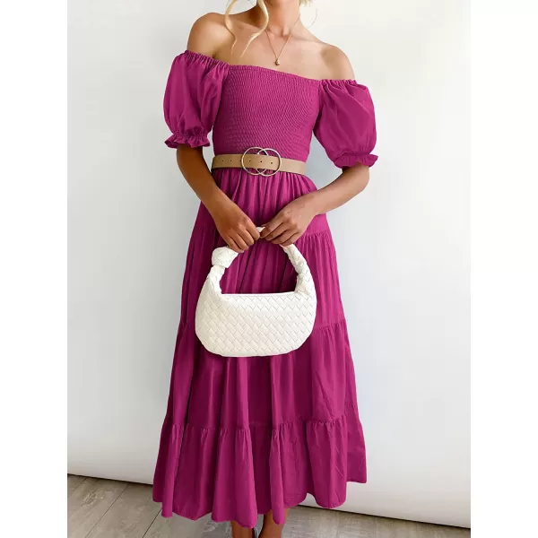 imageANRABESS Womens Casual Summer Midi Dress Puffy Short Sleeve Square Neck Smocked Tiered Boho DressesRose