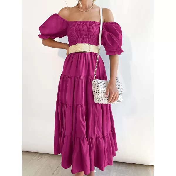 imageANRABESS Womens Casual Summer Midi Dress Puffy Short Sleeve Square Neck Smocked Tiered Boho DressesRose