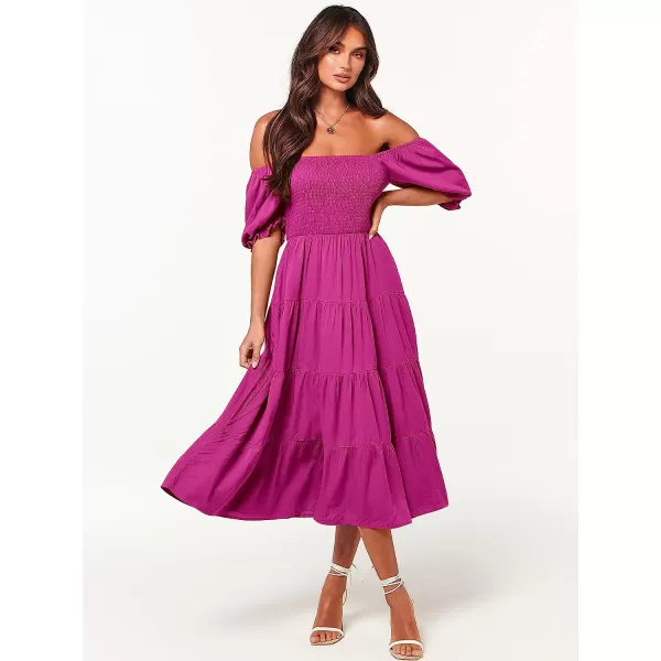 imageANRABESS Womens Casual Summer Midi Dress Puffy Short Sleeve Square Neck Smocked Tiered Boho DressesRose