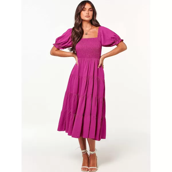 imageANRABESS Womens Casual Summer Midi Dress Puffy Short Sleeve Square Neck Smocked Tiered Boho DressesRose