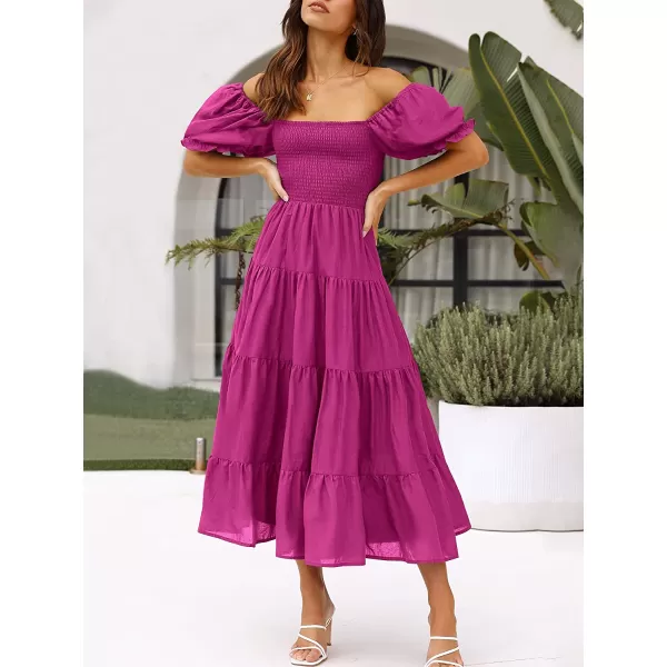 imageANRABESS Womens Casual Summer Midi Dress Puffy Short Sleeve Square Neck Smocked Tiered Boho DressesRose