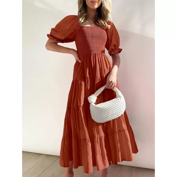 imageANRABESS Womens Casual Summer Midi Dress Puffy Short Sleeve Square Neck Smocked Tiered Boho DressesRust