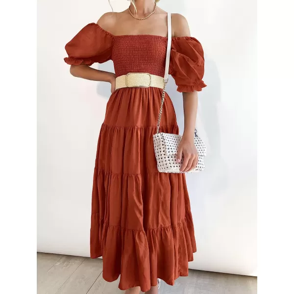 imageANRABESS Womens Casual Summer Midi Dress Puffy Short Sleeve Square Neck Smocked Tiered Boho DressesRust