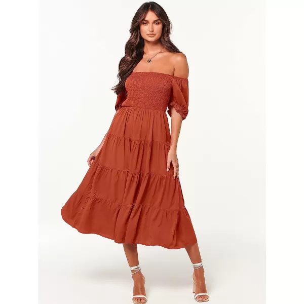 imageANRABESS Womens Casual Summer Midi Dress Puffy Short Sleeve Square Neck Smocked Tiered Boho DressesRust