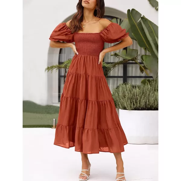 imageANRABESS Womens Casual Summer Midi Dress Puffy Short Sleeve Square Neck Smocked Tiered Boho DressesRust