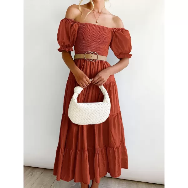 imageANRABESS Womens Casual Summer Midi Dress Puffy Short Sleeve Square Neck Smocked Tiered Boho DressesRust