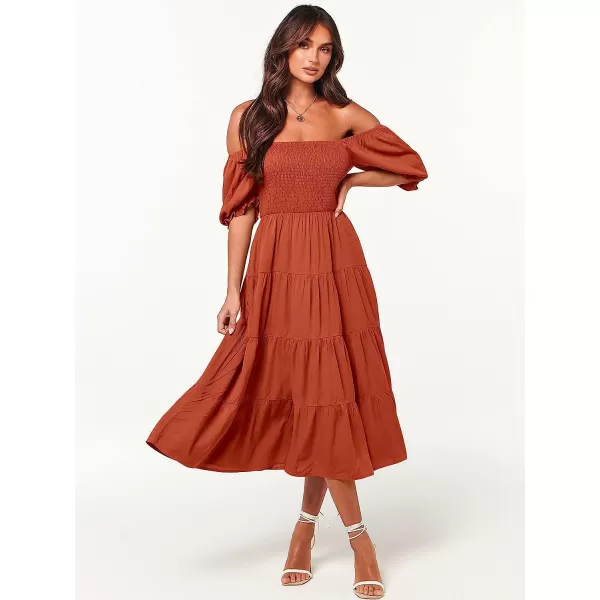 imageANRABESS Womens Casual Summer Midi Dress Puffy Short Sleeve Square Neck Smocked Tiered Boho DressesRust