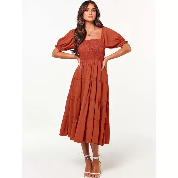 imageANRABESS Womens Casual Summer Midi Dress Puffy Short Sleeve Square Neck Smocked Tiered Boho DressesRust