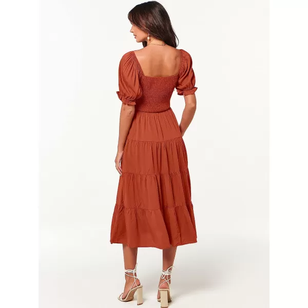 imageANRABESS Womens Casual Summer Midi Dress Puffy Short Sleeve Square Neck Smocked Tiered Boho DressesRust