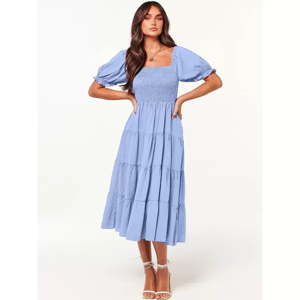 imageANRABESS Womens Casual Summer Midi Dress Puffy Short Sleeve Square Neck Smocked Tiered Boho DressesSky Blue