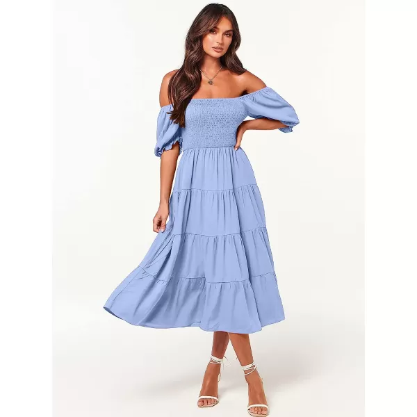 imageANRABESS Womens Casual Summer Midi Dress Puffy Short Sleeve Square Neck Smocked Tiered Boho DressesSky Blue
