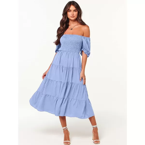imageANRABESS Womens Casual Summer Midi Dress Puffy Short Sleeve Square Neck Smocked Tiered Boho DressesSky Blue