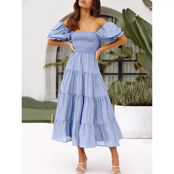 imageANRABESS Womens Casual Summer Midi Dress Puffy Short Sleeve Square Neck Smocked Tiered Boho DressesSky Blue