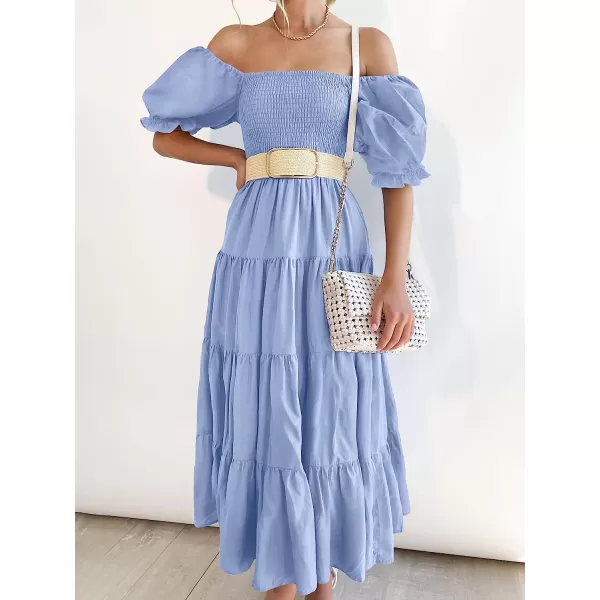imageANRABESS Womens Casual Summer Midi Dress Puffy Short Sleeve Square Neck Smocked Tiered Boho DressesSky Blue