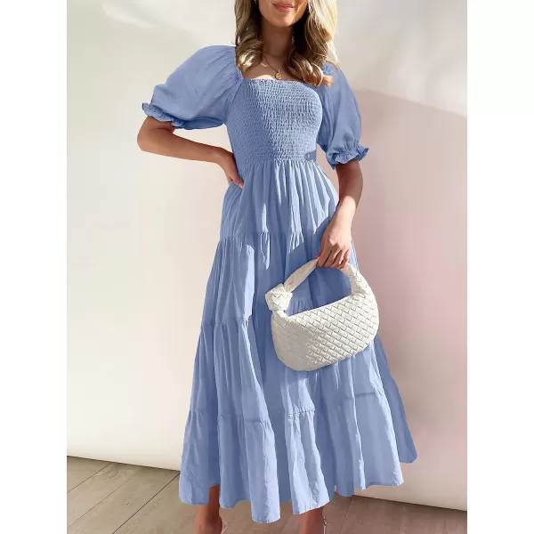 imageANRABESS Womens Casual Summer Midi Dress Puffy Short Sleeve Square Neck Smocked Tiered Boho DressesSky Blue
