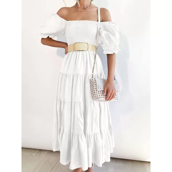 imageANRABESS Womens Casual Summer Midi Dress Puffy Short Sleeve Square Neck Smocked Tiered Boho DressesWhite