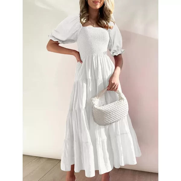imageANRABESS Womens Casual Summer Midi Dress Puffy Short Sleeve Square Neck Smocked Tiered Boho DressesWhite
