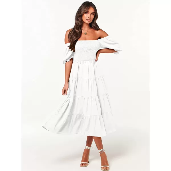 imageANRABESS Womens Casual Summer Midi Dress Puffy Short Sleeve Square Neck Smocked Tiered Boho DressesWhite