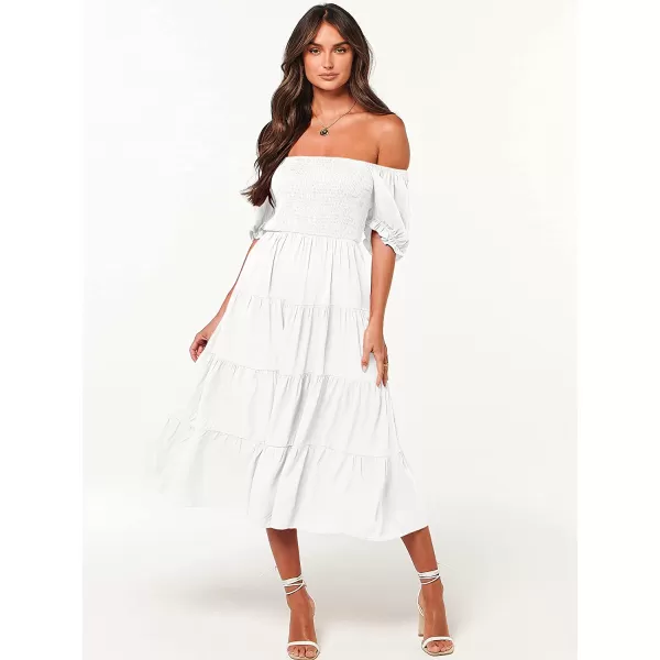 imageANRABESS Womens Casual Summer Midi Dress Puffy Short Sleeve Square Neck Smocked Tiered Boho DressesWhite