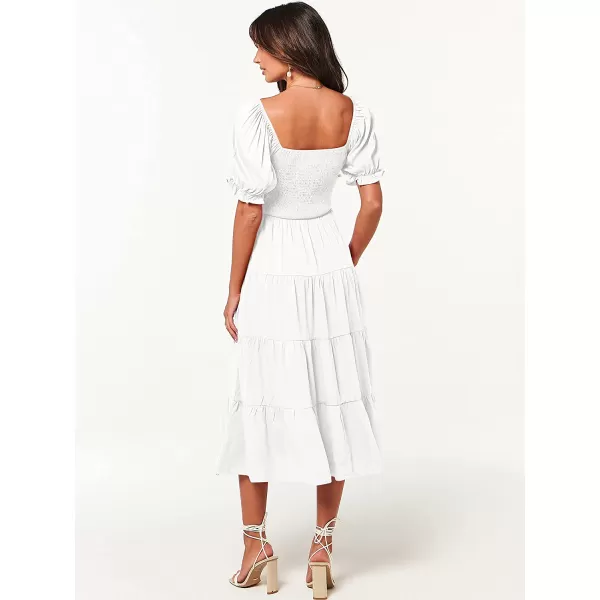 imageANRABESS Womens Casual Summer Midi Dress Puffy Short Sleeve Square Neck Smocked Tiered Boho DressesWhite