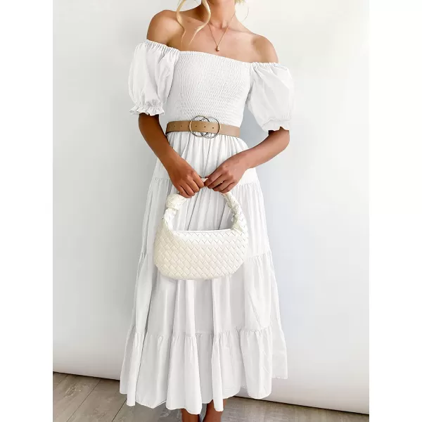 imageANRABESS Womens Casual Summer Midi Dress Puffy Short Sleeve Square Neck Smocked Tiered Boho DressesWhite