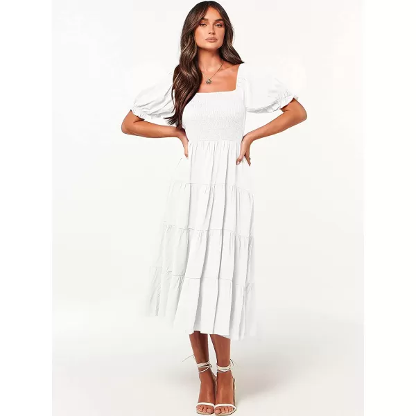 imageANRABESS Womens Casual Summer Midi Dress Puffy Short Sleeve Square Neck Smocked Tiered Boho DressesWhite