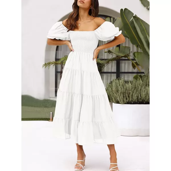 imageANRABESS Womens Casual Summer Midi Dress Puffy Short Sleeve Square Neck Smocked Tiered Boho DressesWhite