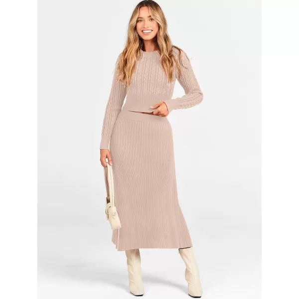 imageANRABESS Womens Casual Two Piece Outfits Dress Long Sleeve Cable Sweater Top and Ribbed ALine Maxi Skirt SetsAlmond