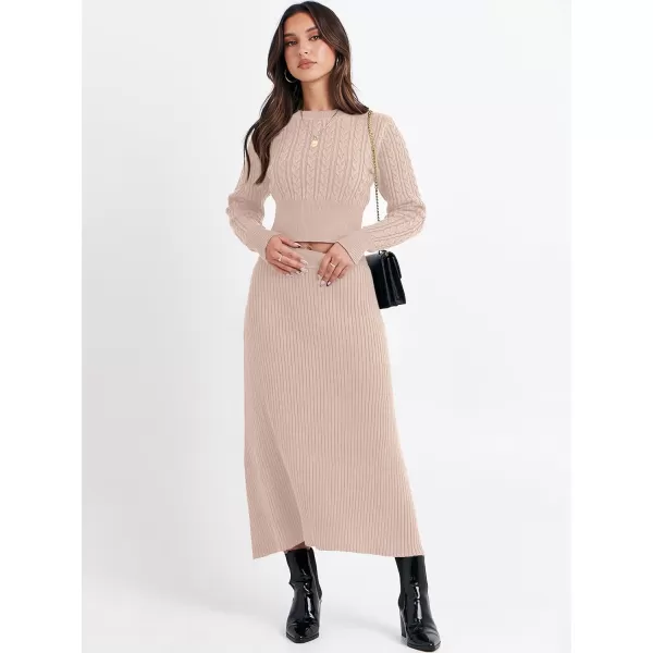 imageANRABESS Womens Casual Two Piece Outfits Dress Long Sleeve Cable Sweater Top and Ribbed ALine Maxi Skirt SetsAlmond