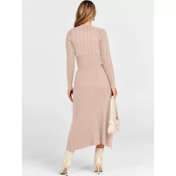 imageANRABESS Womens Casual Two Piece Outfits Dress Long Sleeve Cable Sweater Top and Ribbed ALine Maxi Skirt SetsAlmond
