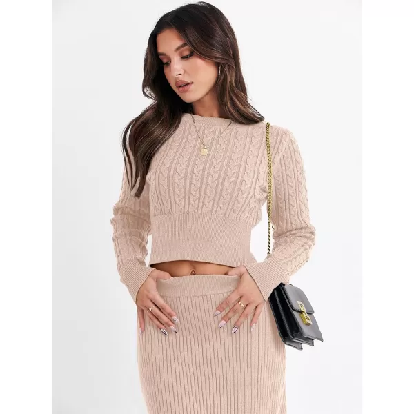 imageANRABESS Womens Casual Two Piece Outfits Dress Long Sleeve Cable Sweater Top and Ribbed ALine Maxi Skirt SetsAlmond