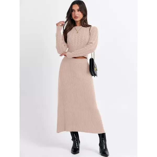 imageANRABESS Womens Casual Two Piece Outfits Dress Long Sleeve Cable Sweater Top and Ribbed ALine Maxi Skirt SetsAlmond