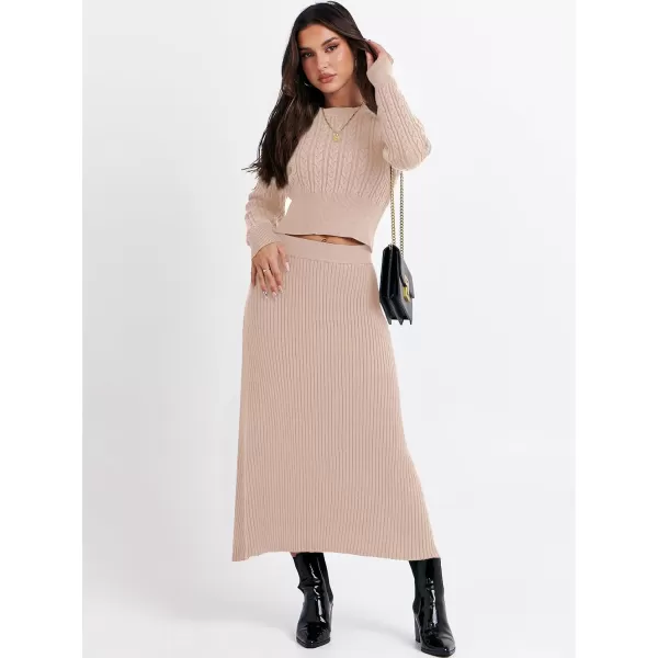 imageANRABESS Womens Casual Two Piece Outfits Dress Long Sleeve Cable Sweater Top and Ribbed ALine Maxi Skirt SetsAlmond