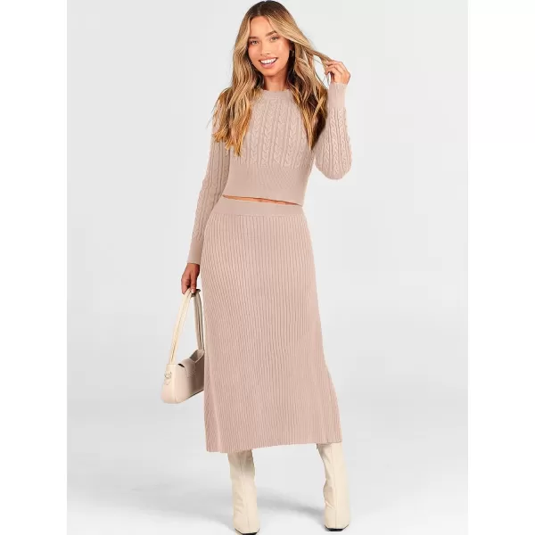imageANRABESS Womens Casual Two Piece Outfits Dress Long Sleeve Cable Sweater Top and Ribbed ALine Maxi Skirt SetsAlmond