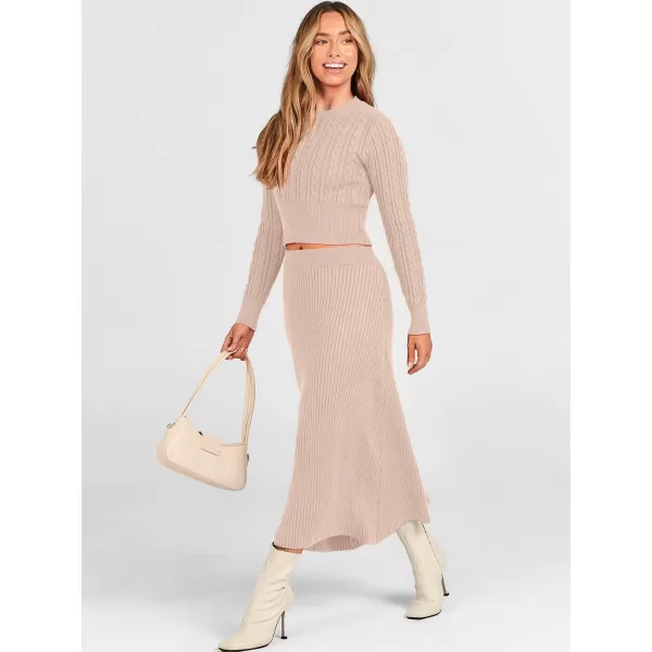 imageANRABESS Womens Casual Two Piece Outfits Dress Long Sleeve Cable Sweater Top and Ribbed ALine Maxi Skirt SetsAlmond