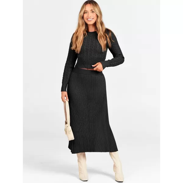 imageANRABESS Womens Casual Two Piece Outfits Dress Long Sleeve Cable Sweater Top and Ribbed ALine Maxi Skirt SetsBlack