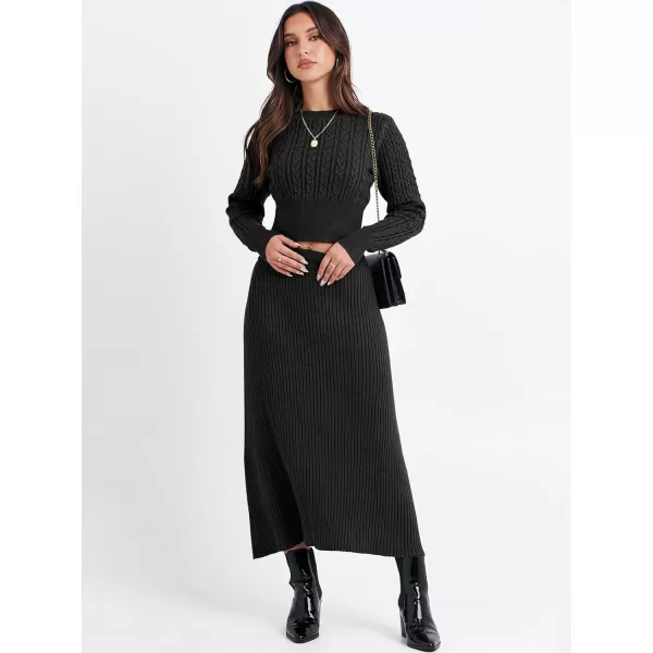 imageANRABESS Womens Casual Two Piece Outfits Dress Long Sleeve Cable Sweater Top and Ribbed ALine Maxi Skirt SetsBlack