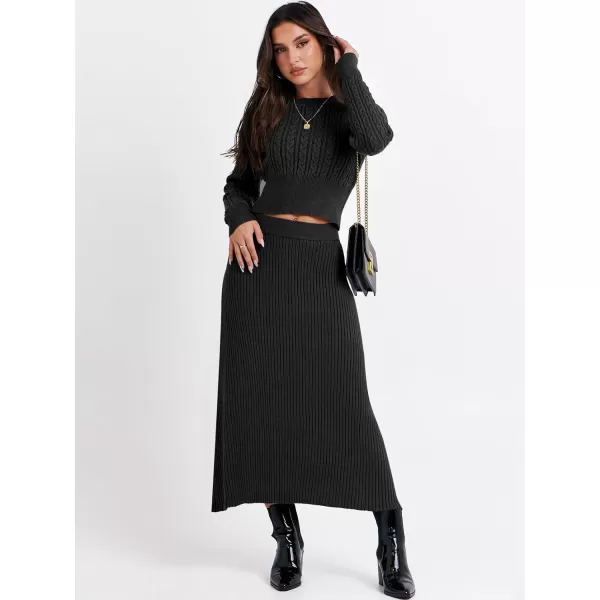 imageANRABESS Womens Casual Two Piece Outfits Dress Long Sleeve Cable Sweater Top and Ribbed ALine Maxi Skirt SetsBlack