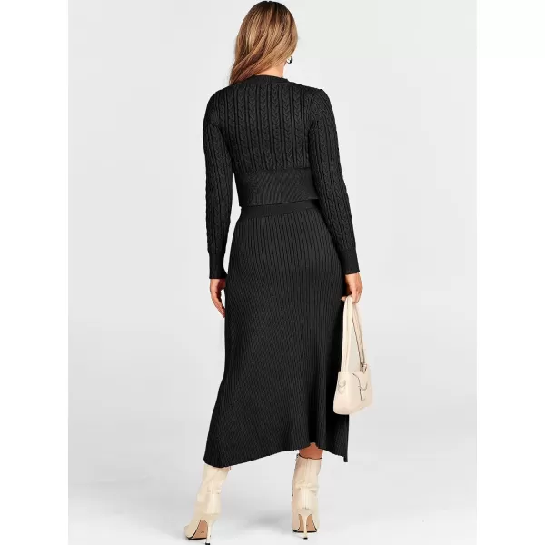 imageANRABESS Womens Casual Two Piece Outfits Dress Long Sleeve Cable Sweater Top and Ribbed ALine Maxi Skirt SetsBlack