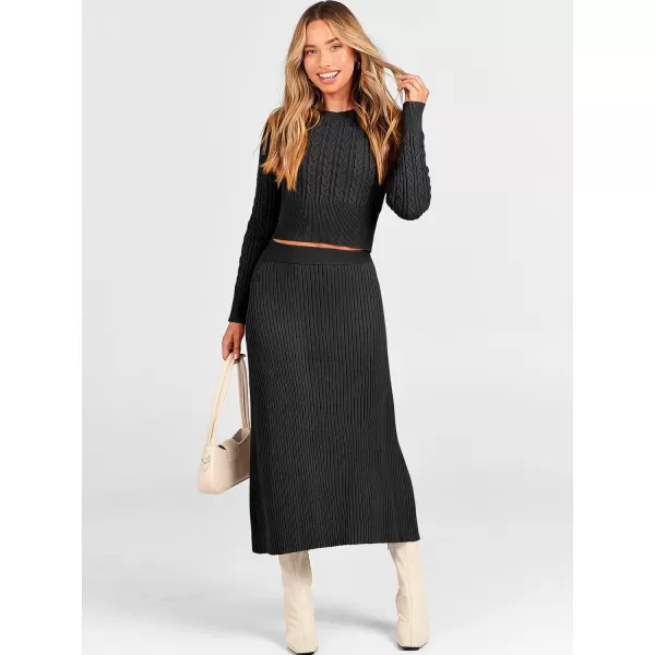 imageANRABESS Womens Casual Two Piece Outfits Dress Long Sleeve Cable Sweater Top and Ribbed ALine Maxi Skirt SetsBlack