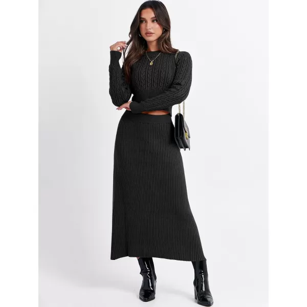imageANRABESS Womens Casual Two Piece Outfits Dress Long Sleeve Cable Sweater Top and Ribbed ALine Maxi Skirt SetsBlack