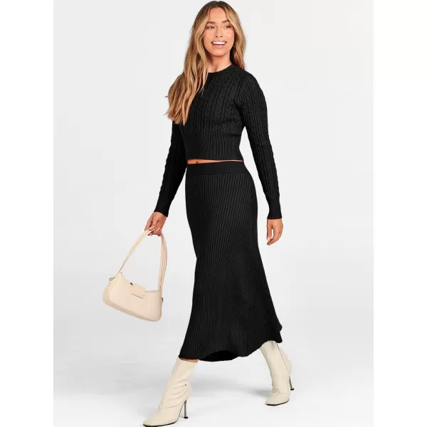 imageANRABESS Womens Casual Two Piece Outfits Dress Long Sleeve Cable Sweater Top and Ribbed ALine Maxi Skirt SetsBlack