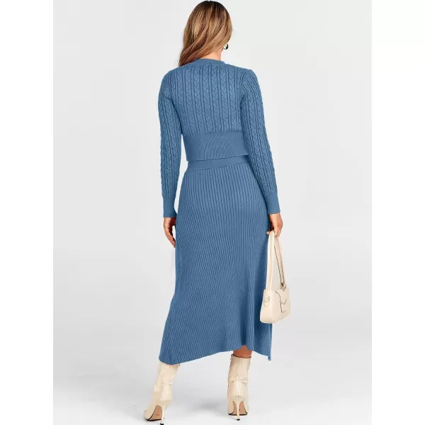 imageANRABESS Womens Casual Two Piece Outfits Dress Long Sleeve Cable Sweater Top and Ribbed ALine Maxi Skirt SetsBlue